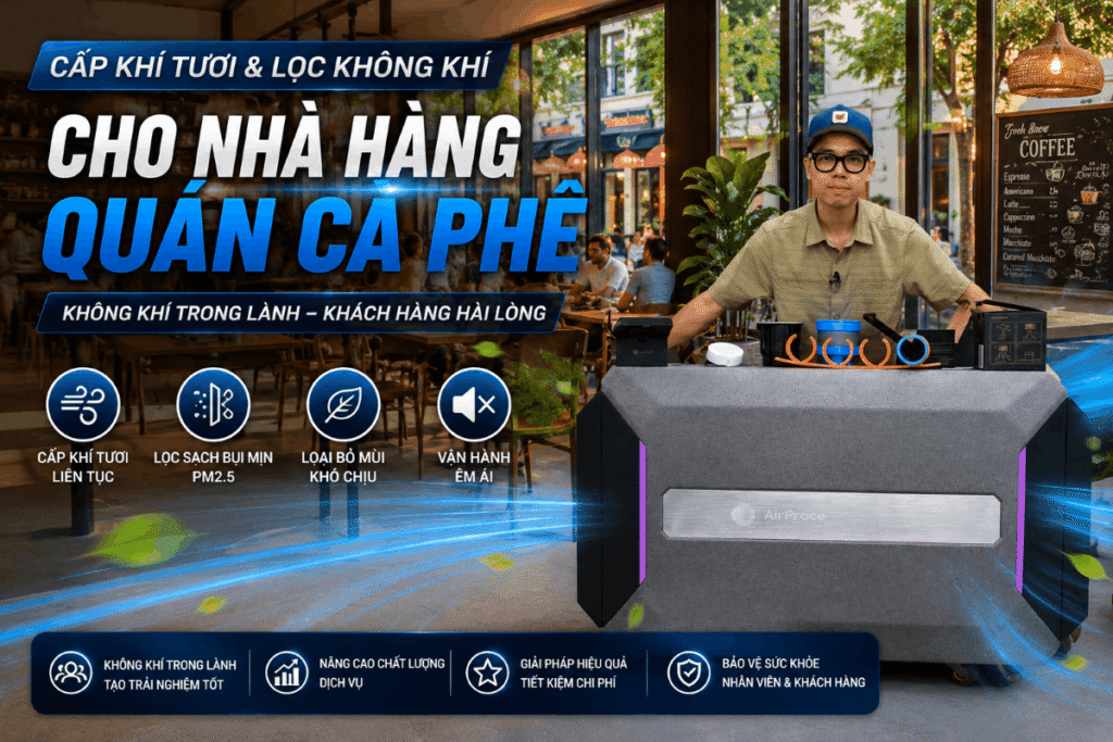 Máy lọc không khí cho nhà hàng quán cà phê quy mô lớn: Có nên lắp hệ thống trung tâm CyberVent? 1 máy lọc không khí cho nhà hàng quán cà phê